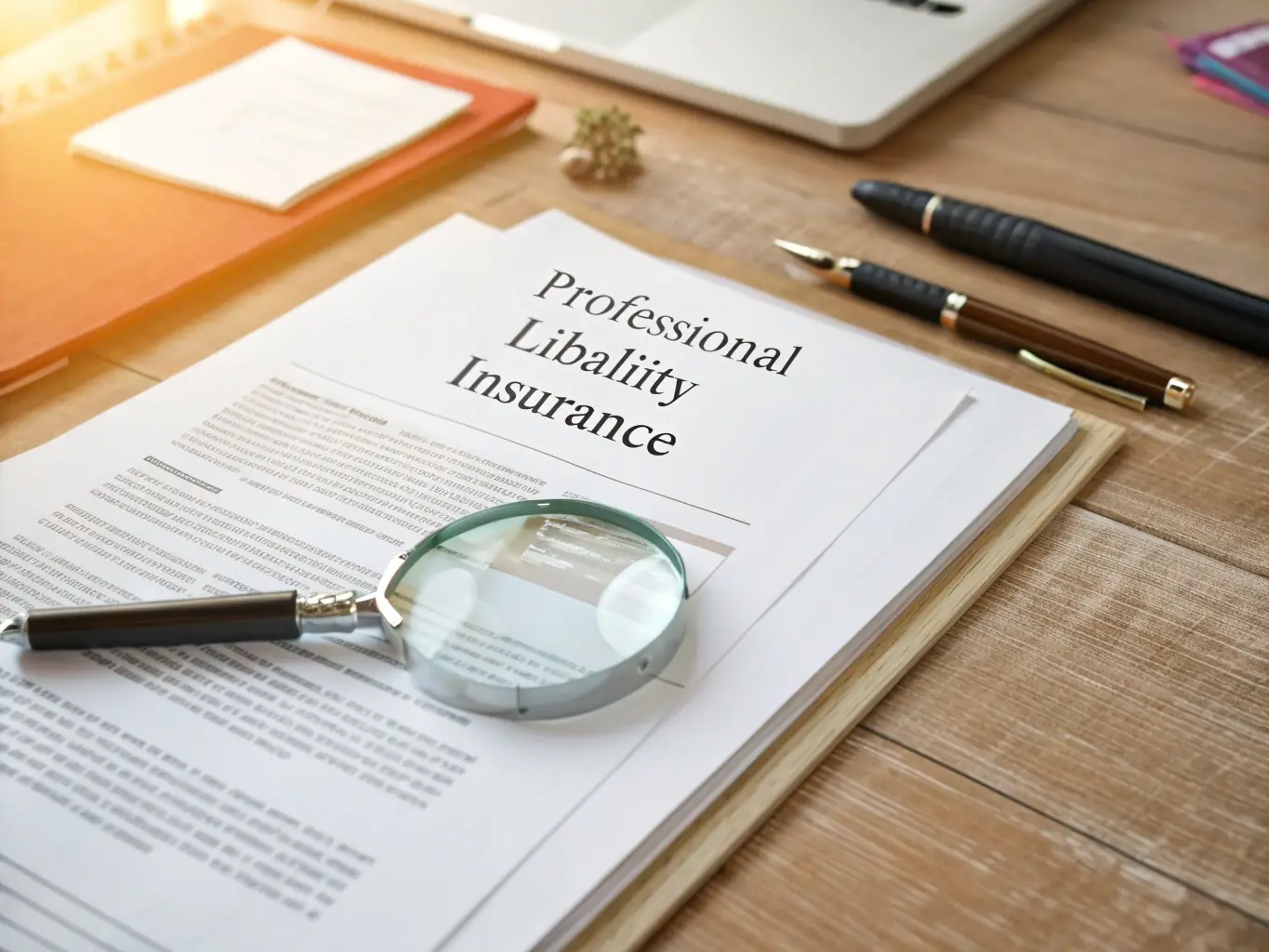 A professional liability insurance policy document resting on a desk next to a pen and a calculator, symbolizing financial protection for professionals.