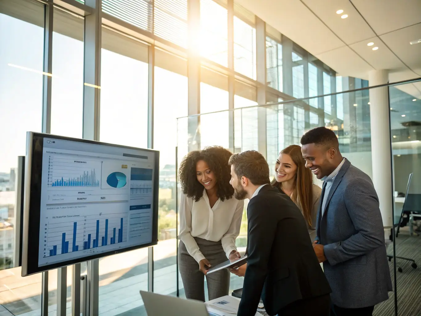 A professional photo of a diverse team of insurance agents collaborating in a modern office, symbolizing a client-focused approach and reliable service.