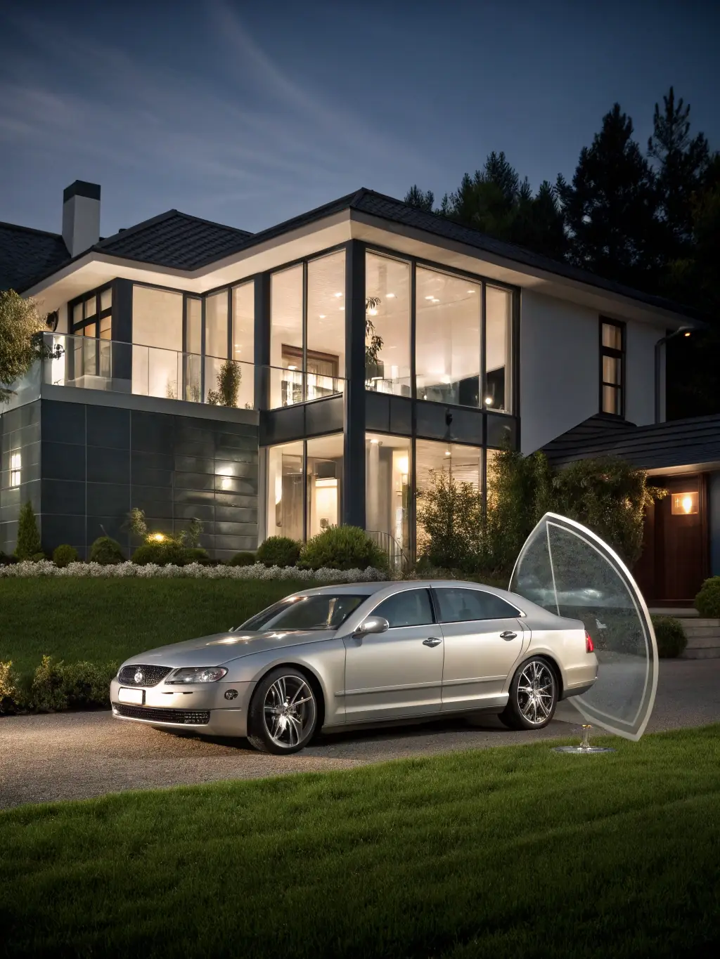 A modern car parked in front of a beautiful home, representing the comprehensive protection offered by auto and home insurance.