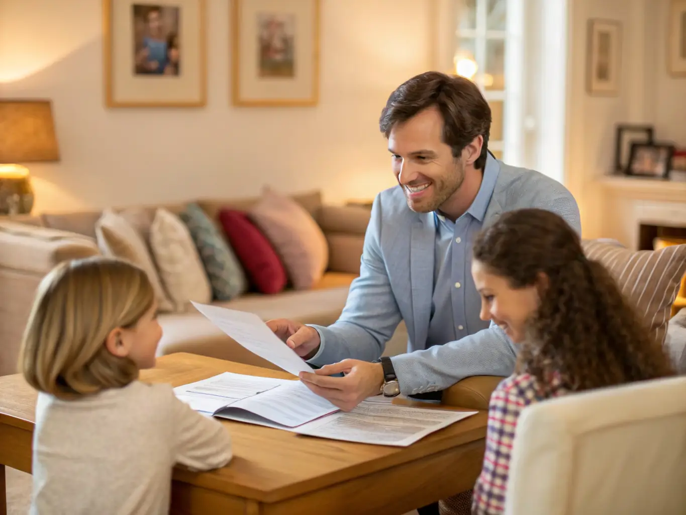 A friendly insurance agent is sitting at a table with a client, reviewing documents and discussing coverage options, emphasizing personalized service and trust.